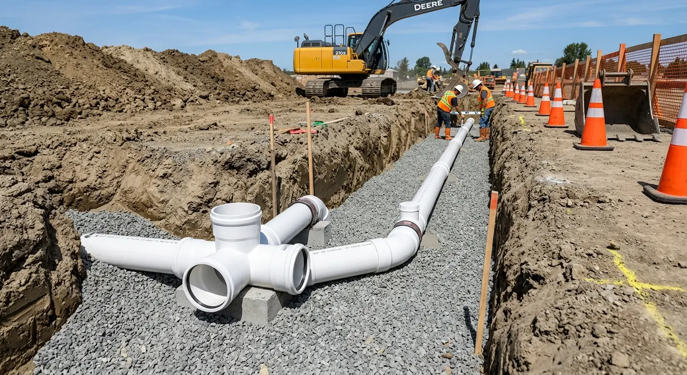 New PVC sewer pipe installation in open trench for Sewer Backup in Sonoma