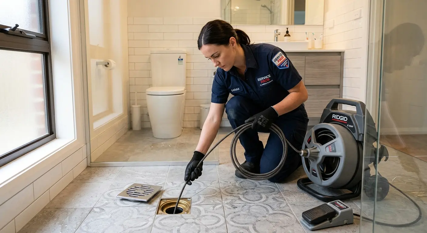 Technician clearing a bathroom floor drain for Drain Cleaning in Sonoma